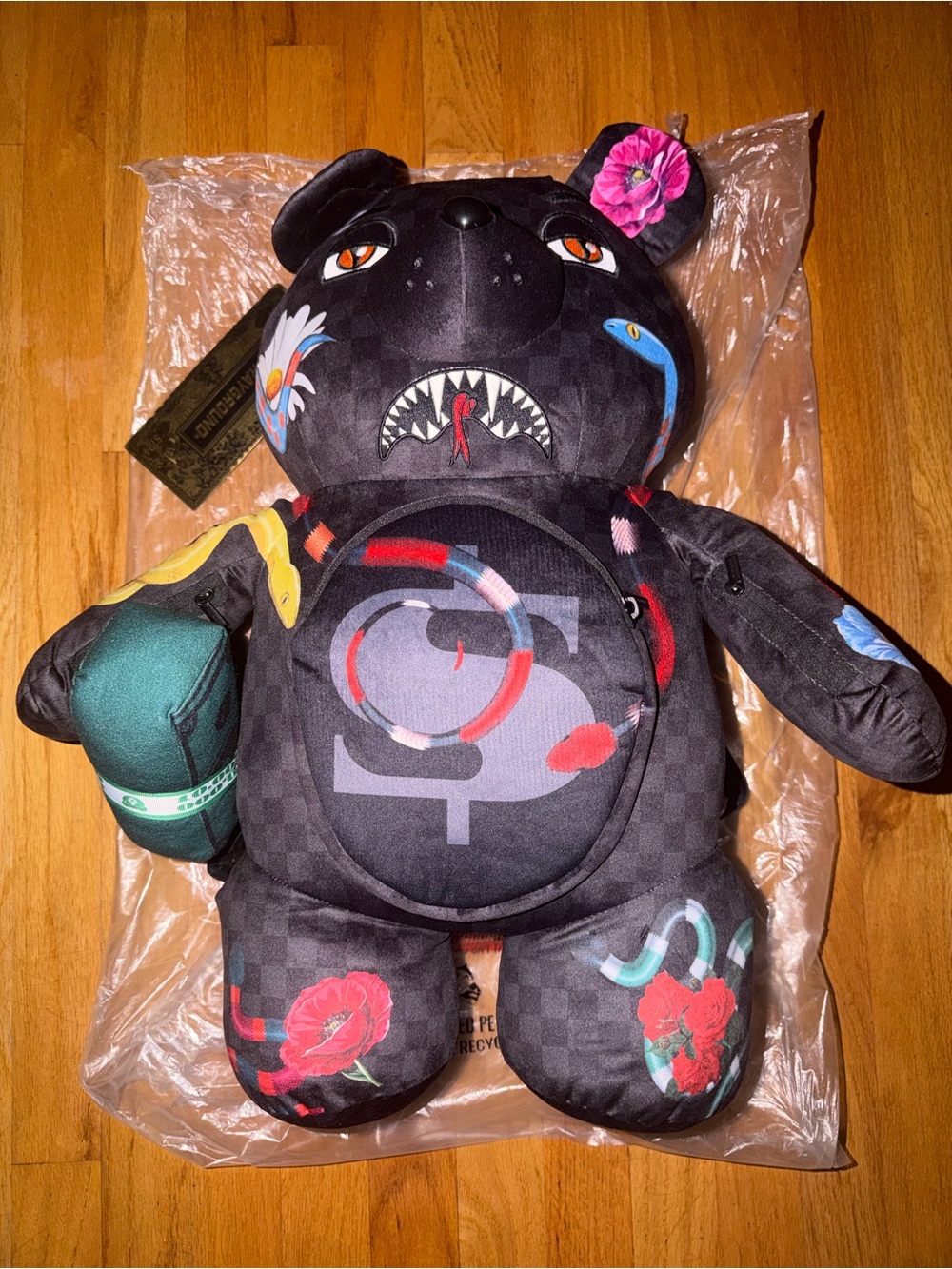 Sprayground Black Checkered Graphic Bear Plush with Colorful Accents